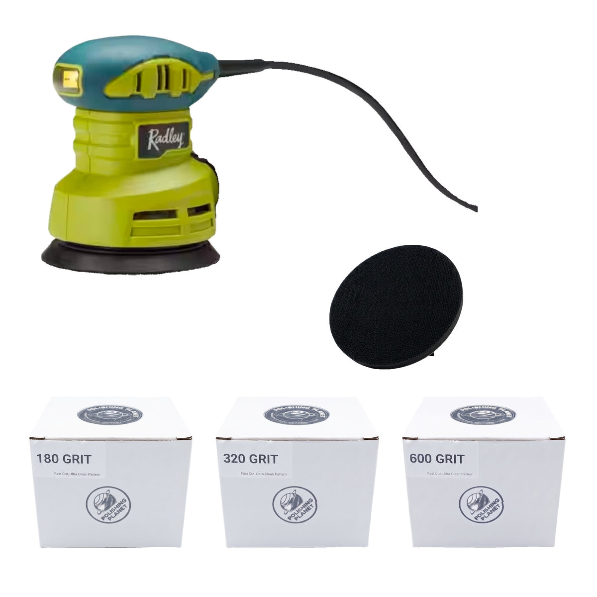 Polishing Planet Sanding Starter Kit: 5 inch random orbit sander, 180, 320 and 600 grit disc boxes and soft foam interface pad