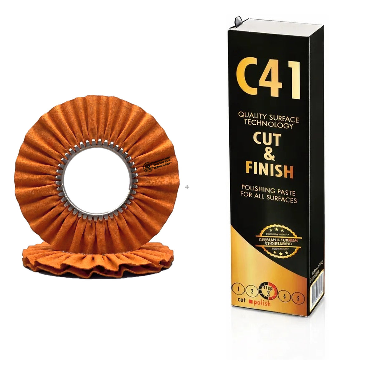 12 inch Core-Cut buffing wheel with Marpol C41 cut and finish compound bar kit