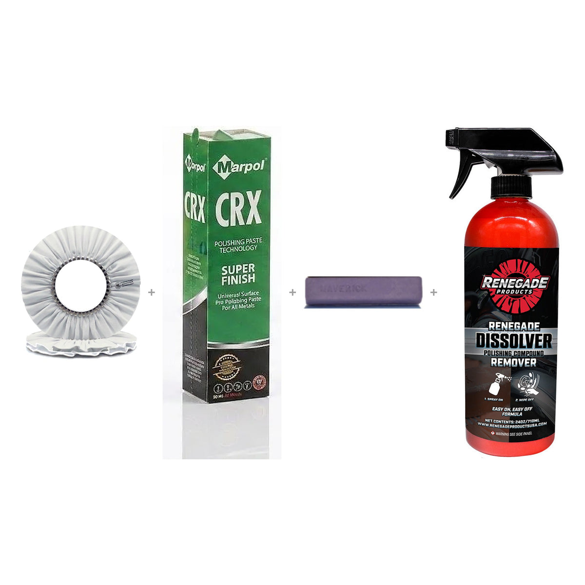 Ultra-Finish buffing wheel with Marpol CRX, Maverick purple compound, and Renegade Dissolver kit