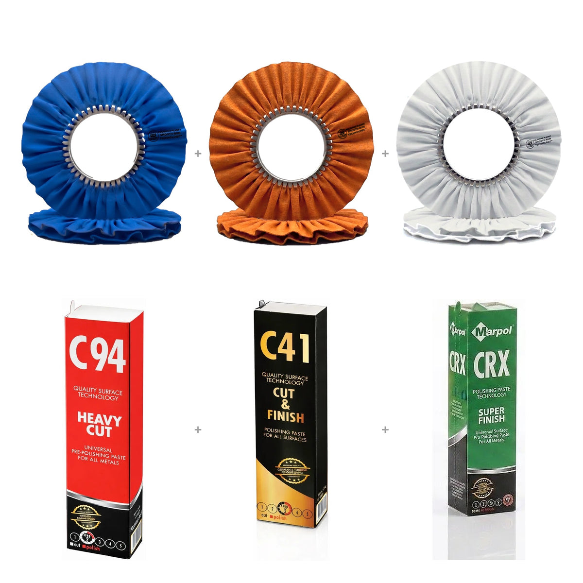 Max-Cut, Core-Cut and Ultra-Finish 12 inch wheels with Marpol C94, C41 and CRX compound bars